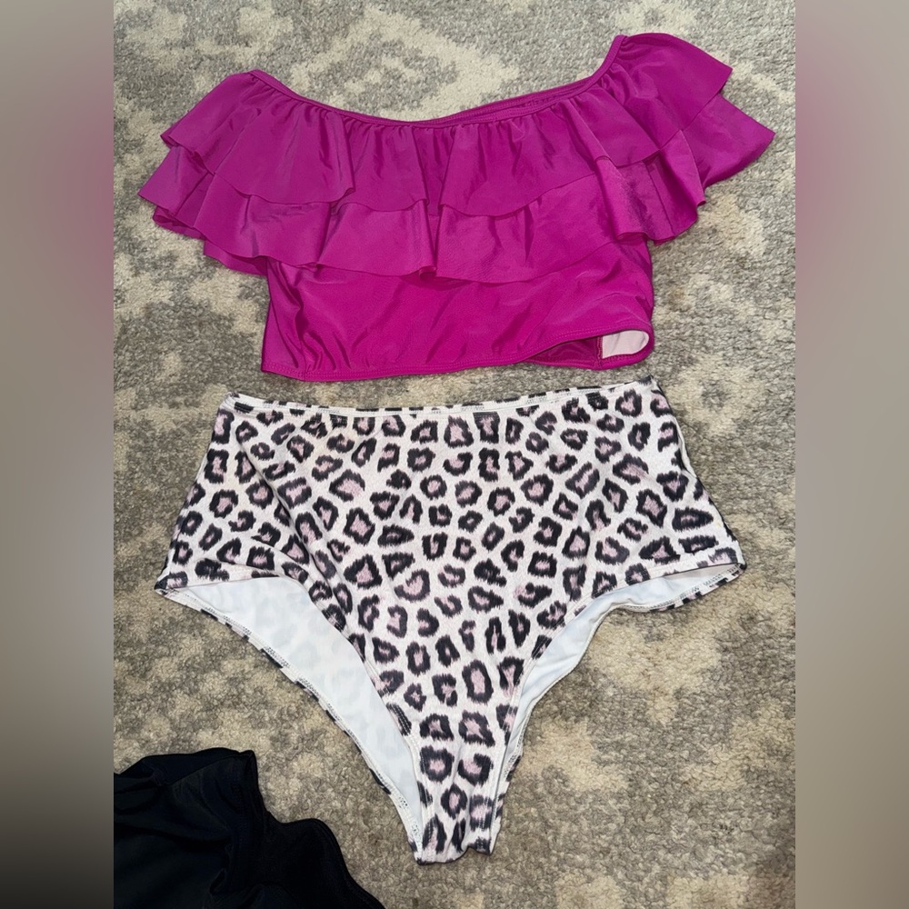 Pink Ruffle Off-the-Shoulder Bikini Top and Leopard Print High Waisted Bottoms